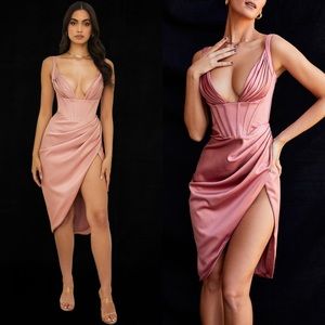 HOUSE OF CB 'Faye' Rose Satin Pleated Midi Dress